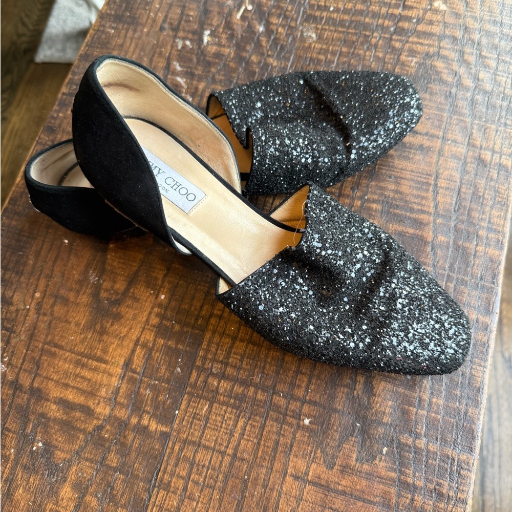 Jimmy Choo Black Glitter D'Orsay Loafers size 8.5
